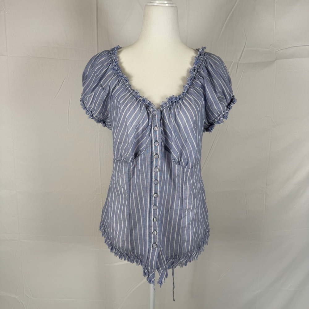 Maurices Womens XL Blue White Striped Cotton Corset Back Frayed Ruffle Blouse